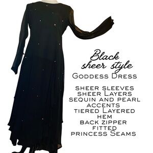 Black Sheer Fitted Feminine Goddess Dress with Sequin & Pearl Accents